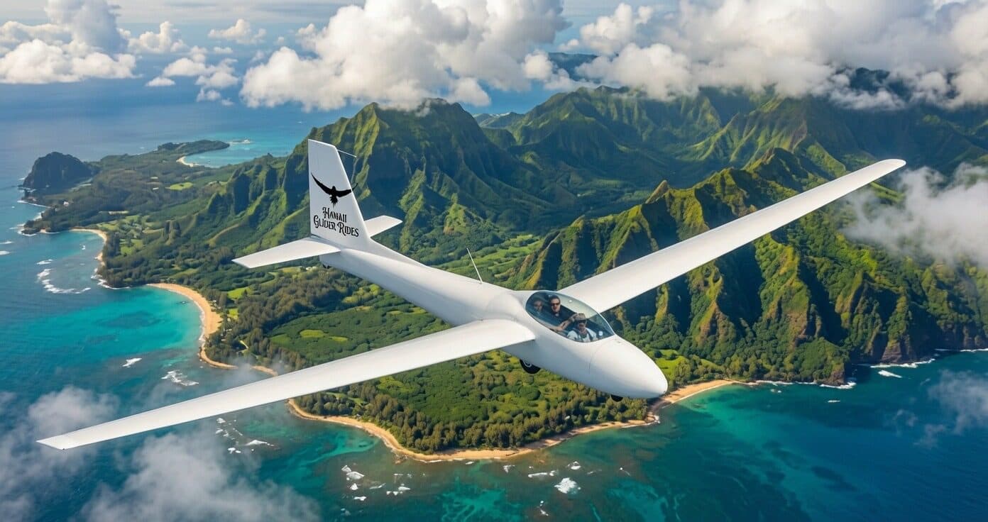 Glider flying above the green coastline of Oahu's North Shore