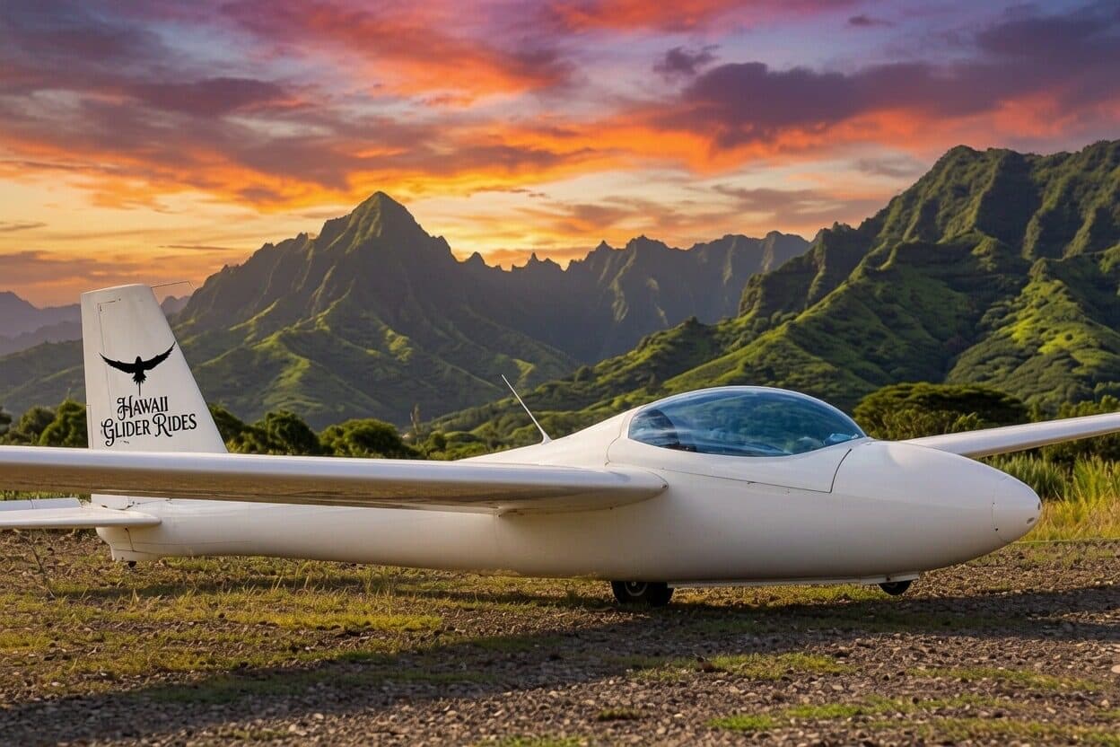 Glider wing against a golden sunset over the ocean off Oahu