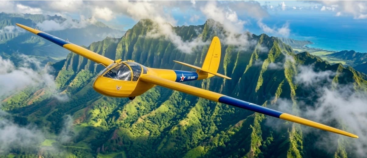 Illustration of a yellow and navy US Navy Pratt-Read glider soaring above the green Koʻolau ridge
