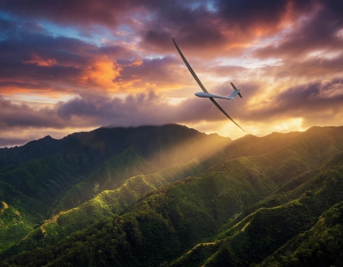 Glider soaring above the Koʻolau ridges at sunset with the sun breaking through the clouds